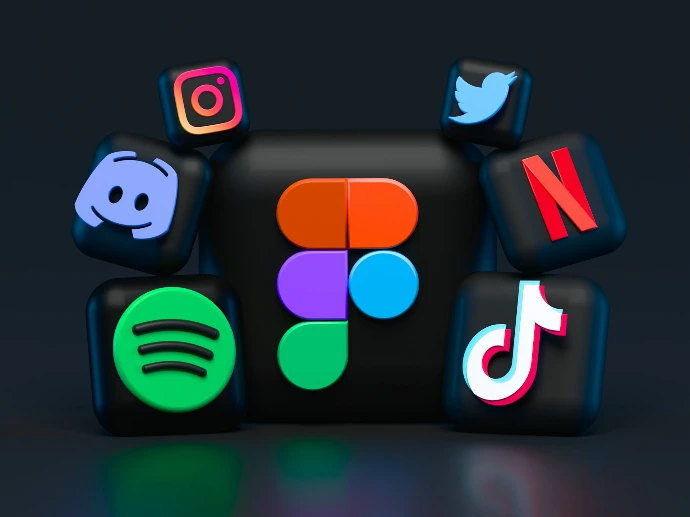 A central Figma logo surrounded by various social media and streaming app icons